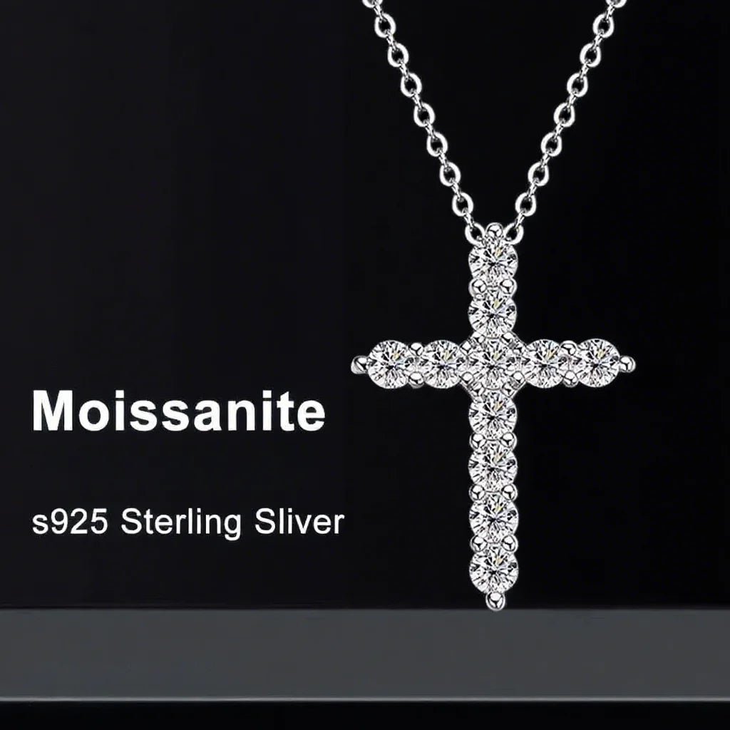 Moissanite Cross Pendant Silver Necklace