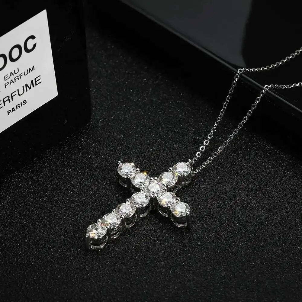 Moissanite Cross Pendant Silver Necklace