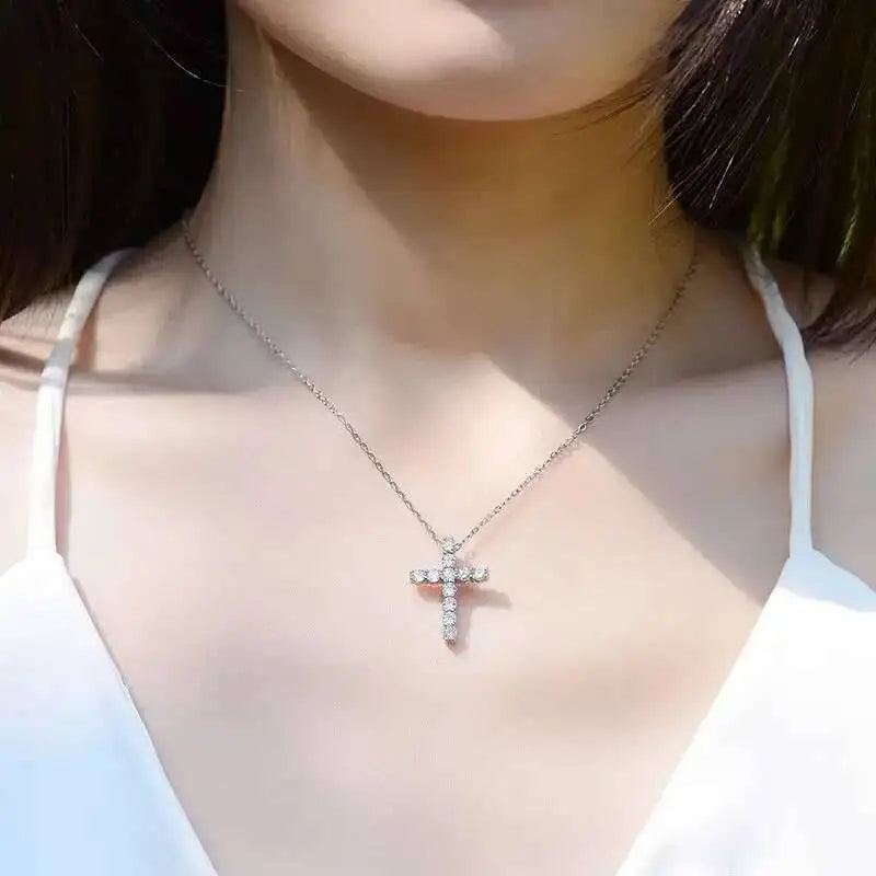 Moissanite Cross Pendant Silver Necklace