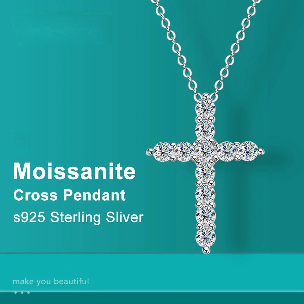 Moissanite Cross Pendant Silver Necklace