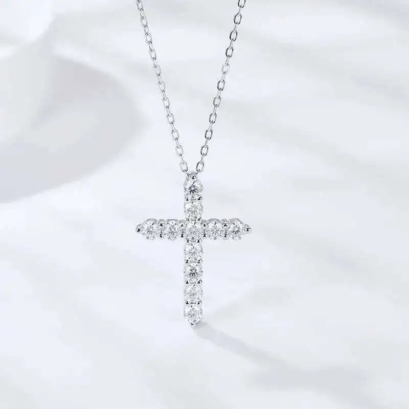 Moissanite Cross Pendant Silver Necklace