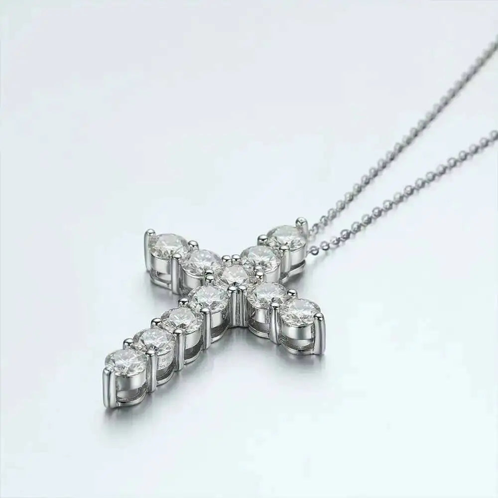 Moissanite Cross Pendant Silver Necklace