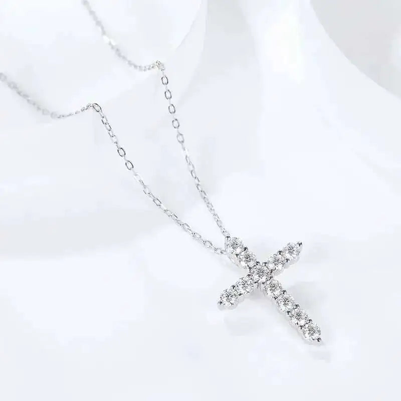 Moissanite Cross Pendant Silver Necklace